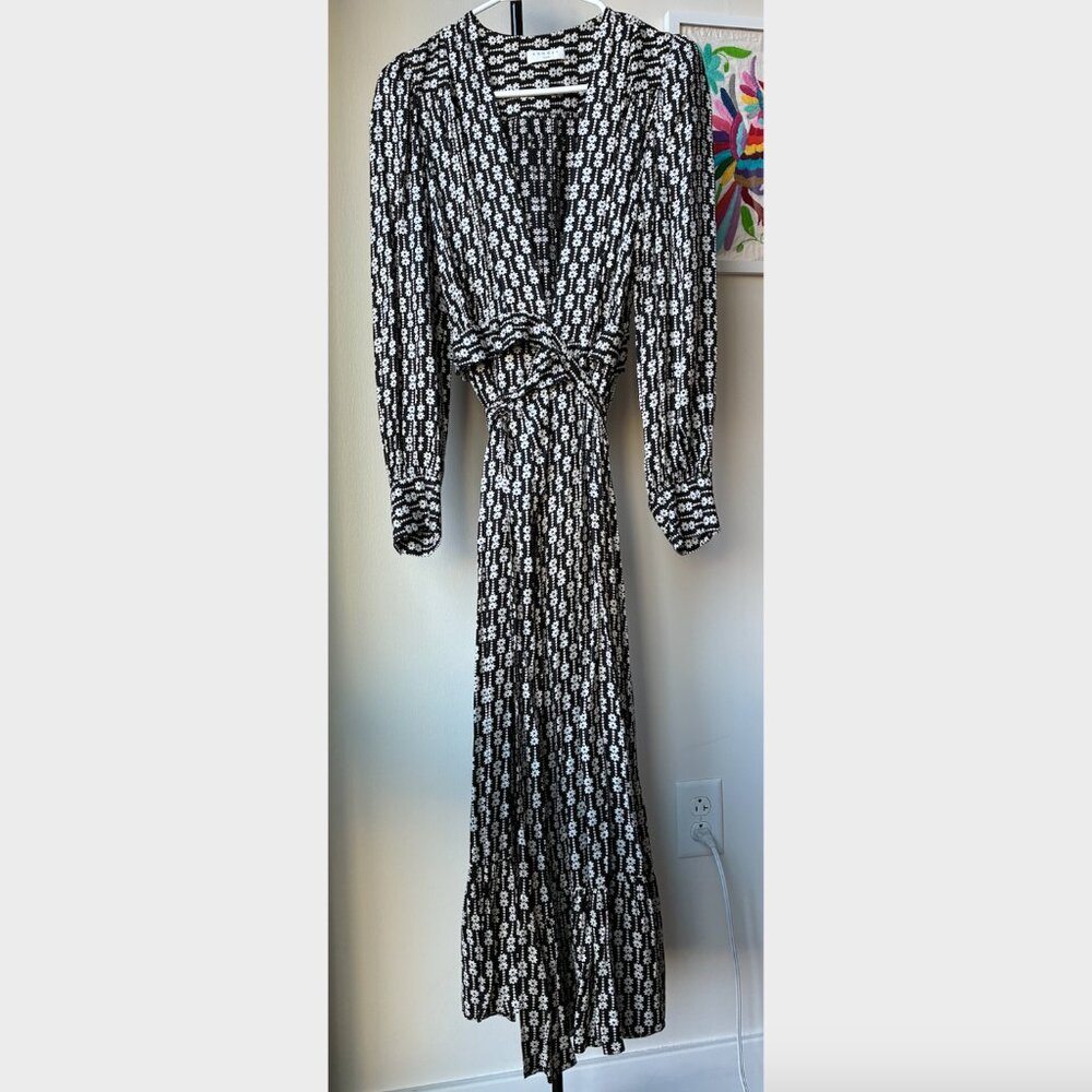 Sandro Black and White Floral Belted Maxi Wrap Dress - Size EU 36